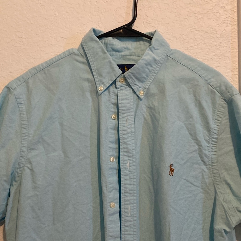 Ralph Lauren light blue/short sleeve shirt. Like new size XL, slim fit